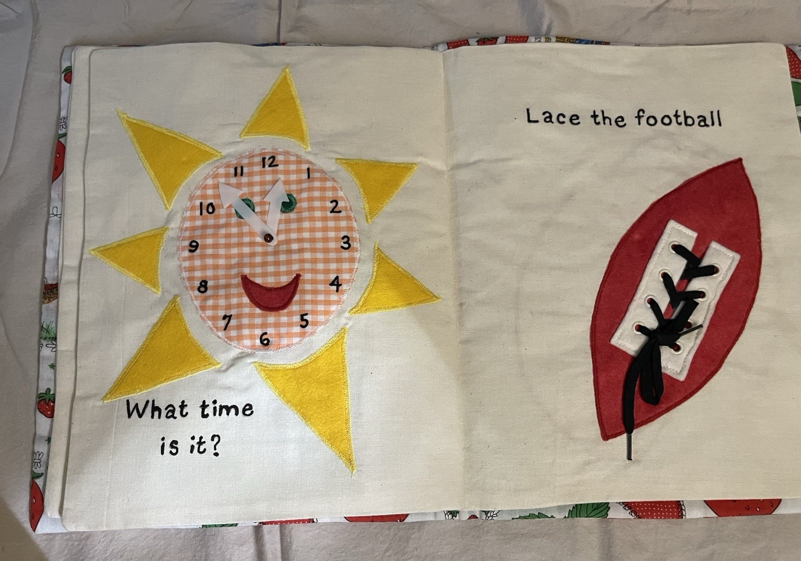 Vtg Handmade Sewn Childs Busy Book Cloth Learning Activity Book 1970’s Quilted