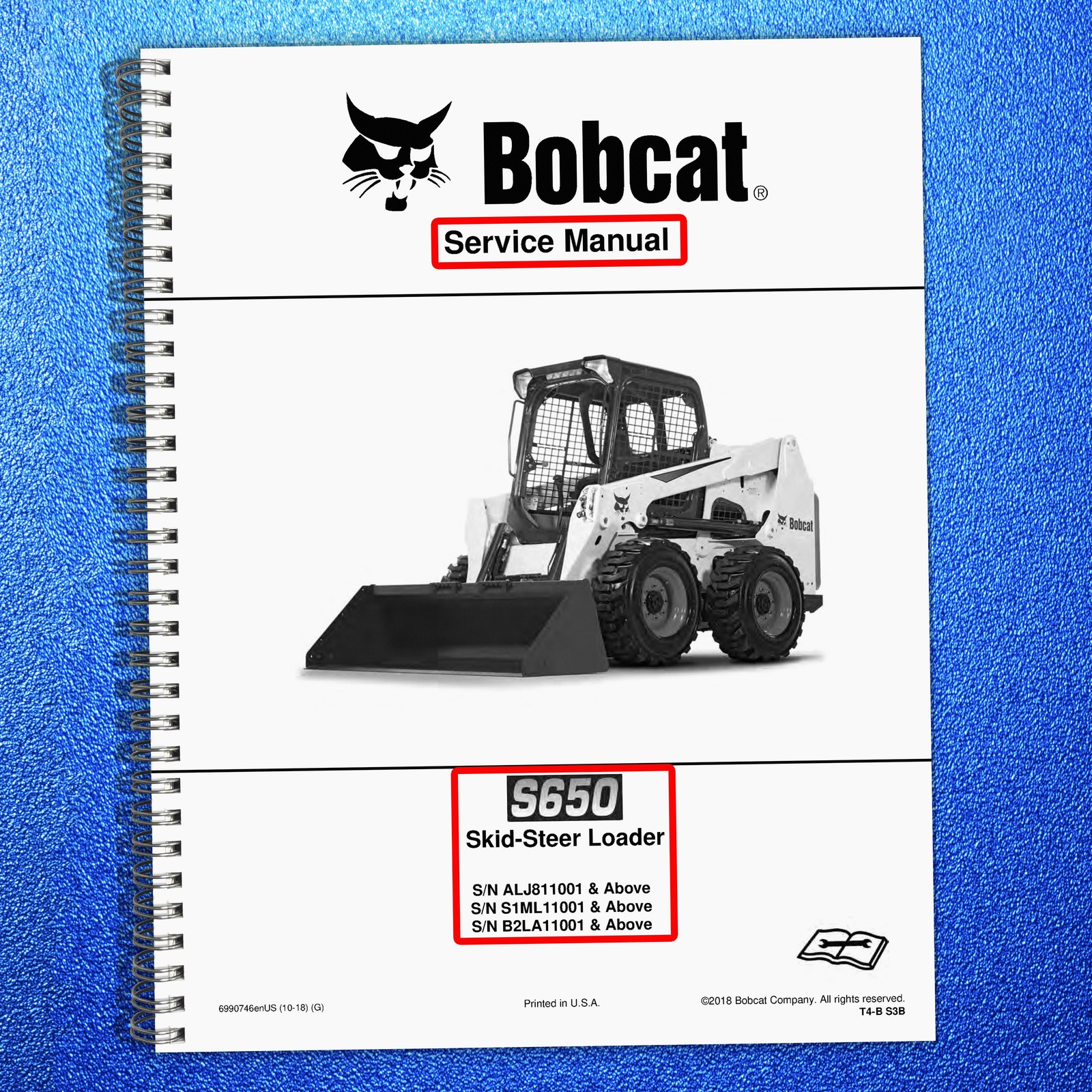BOBCAT S650 SKID-STEER LOADER SERVICE MANUAL, WIRE BINDING – COVERING – FOLDOUTS