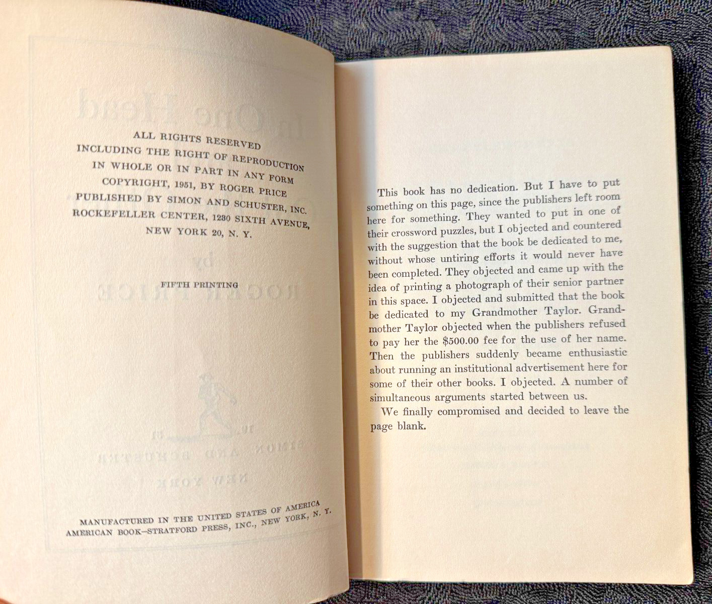 In One Head And Out The Other by Roger Price, Soft Cover 1951 Simon & Shuster NY